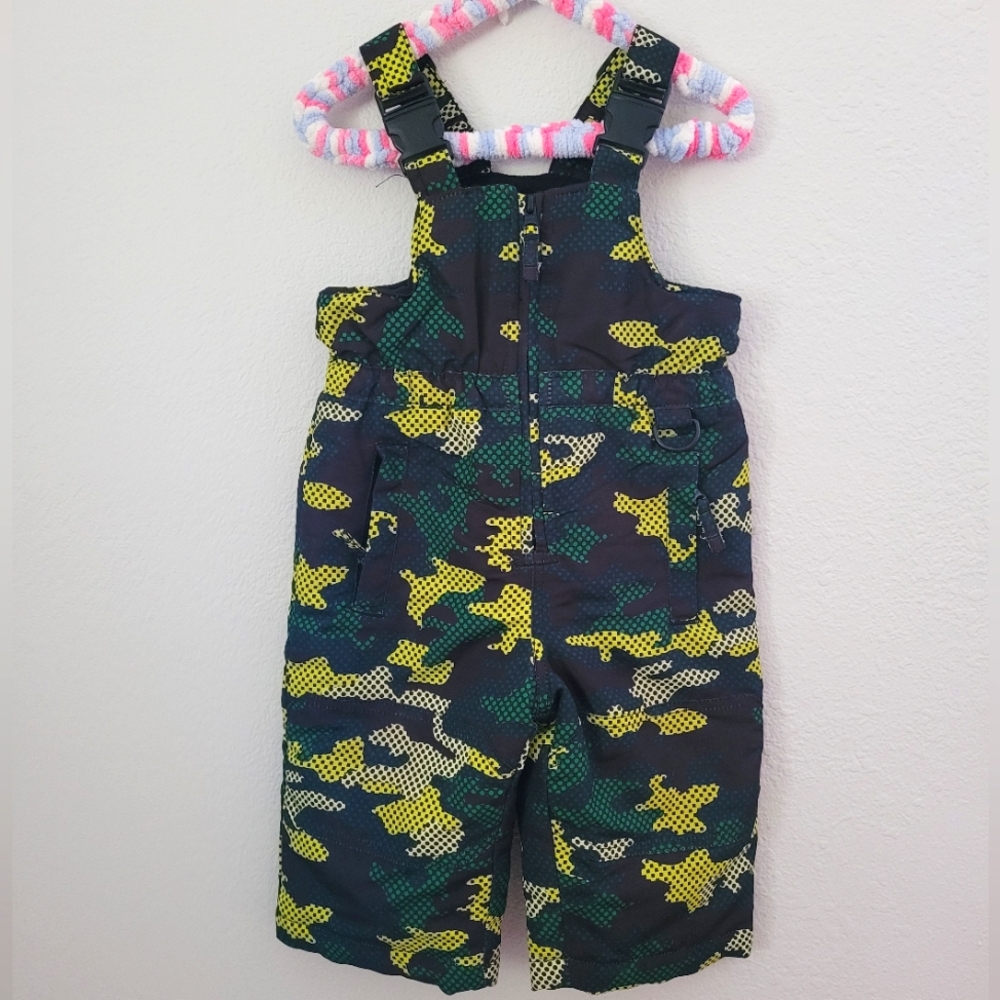 Infant Snow Bib, size 12 Months, Green/Yellow/Black Camo